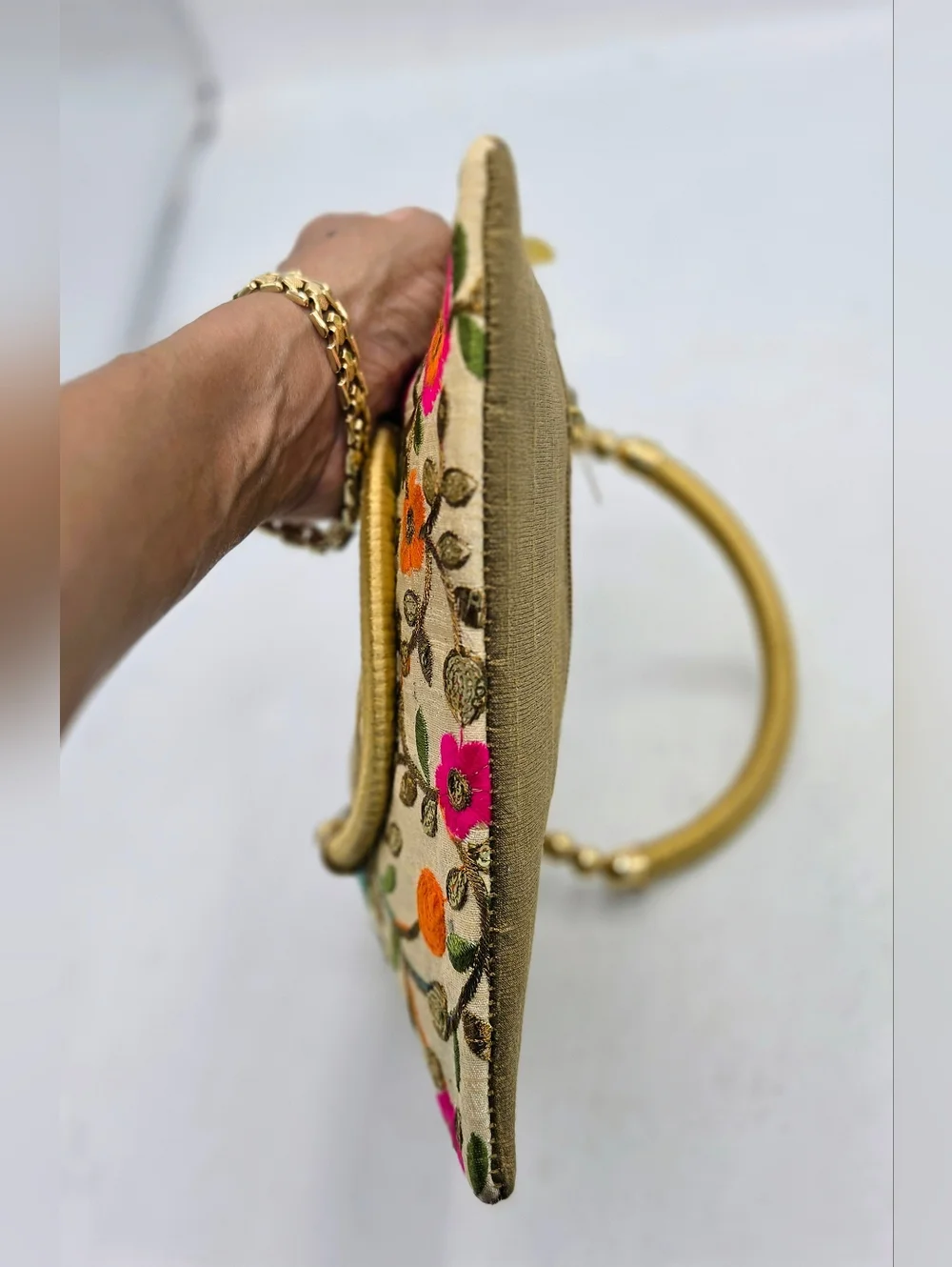 Hand-Embroidered Phulkari Floral Silk Clutch Bag | Boho Ethnic Wedding Gold